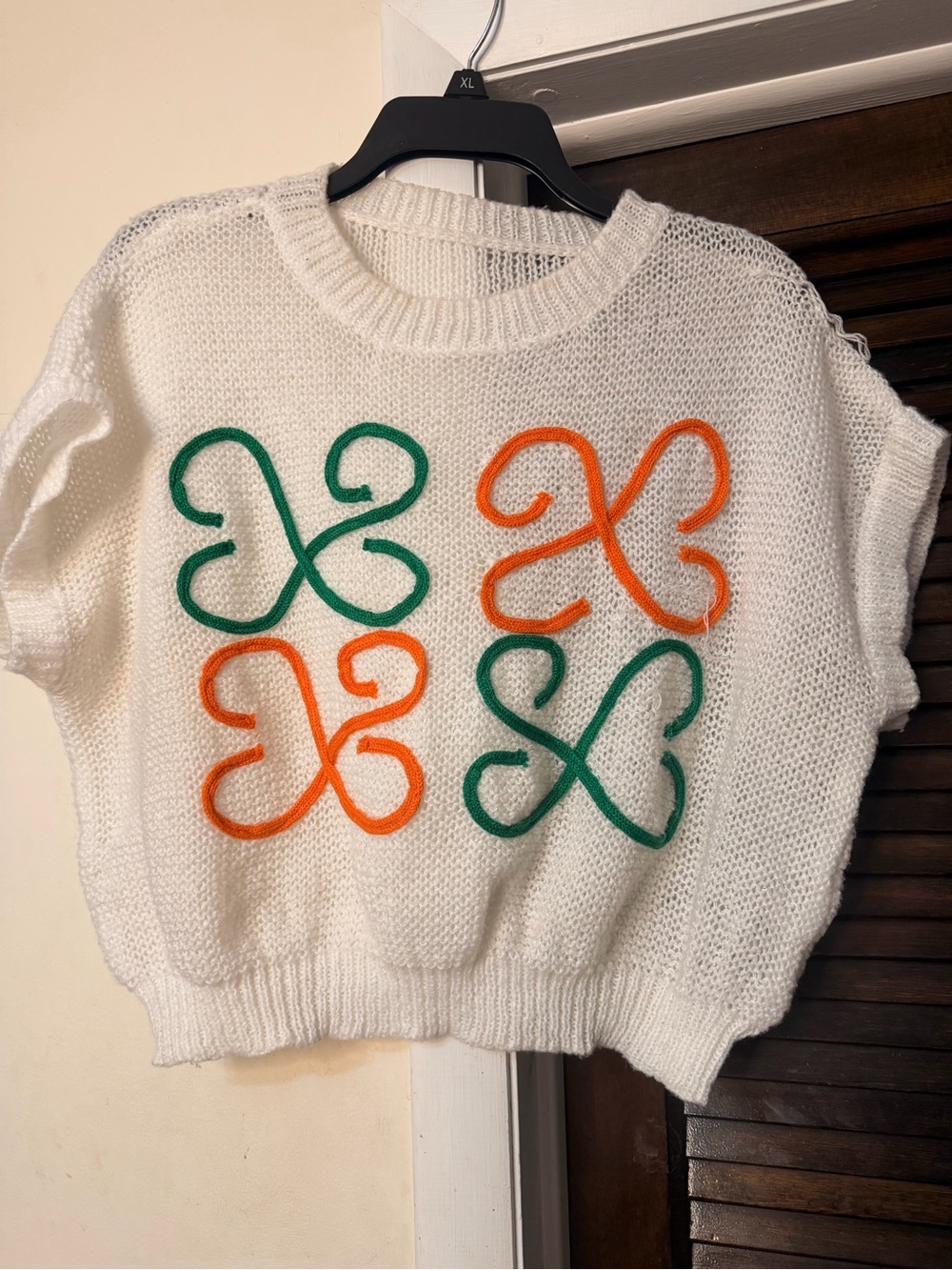 White Knit Short-Sleeve Sweater with Green & Orange Accent